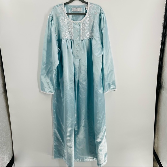 Erika Taylor Satin Look Cotton Lined 3/4 Sleeve Button Up Embroidered Nightgown - Picture 1 of 13